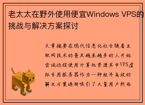 老太太在野外使用便宜Windows VPS的挑战与解决方案探讨